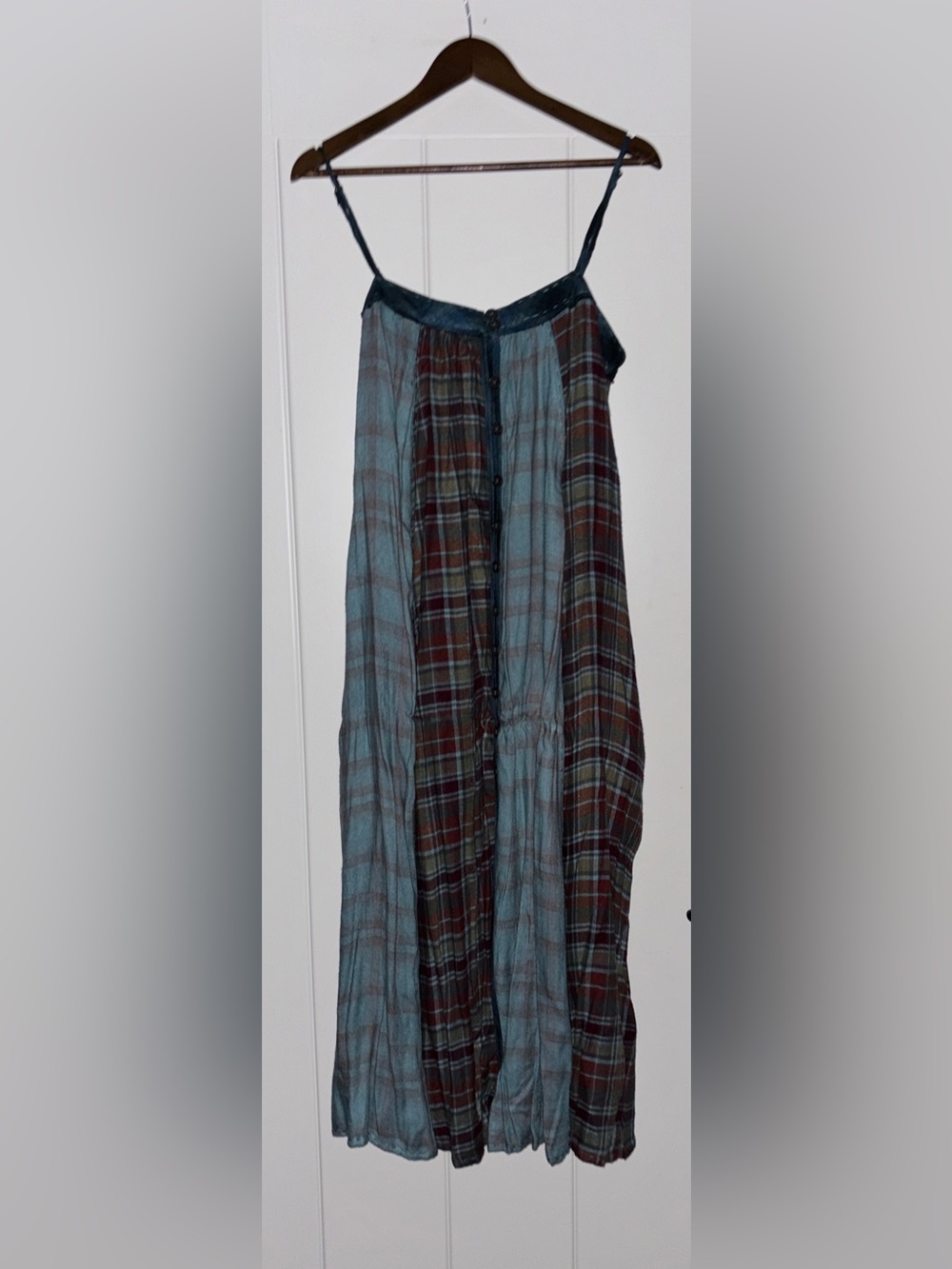 Free People Riley Mixed Plaid Vintage Style Button Front Midi Dress Women L NEW